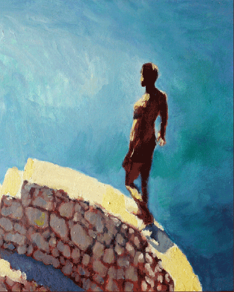 painting of  man walking on sea wall at Taormina